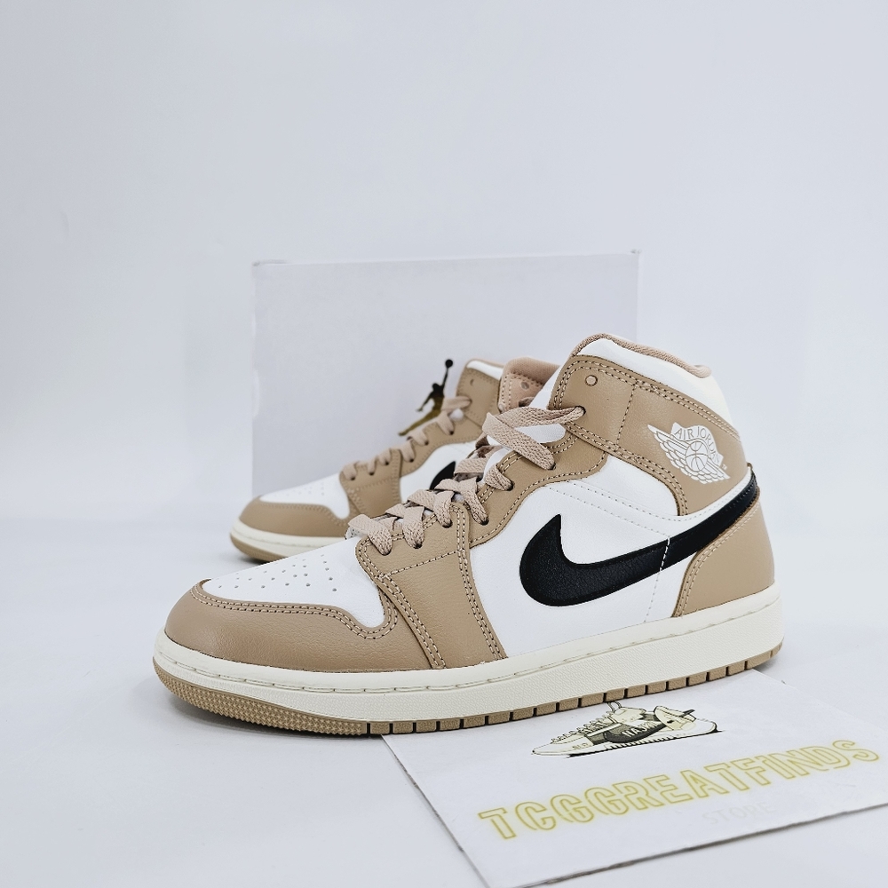Jordan Air Jordan 1 Mid White Tan with Black Swoosh